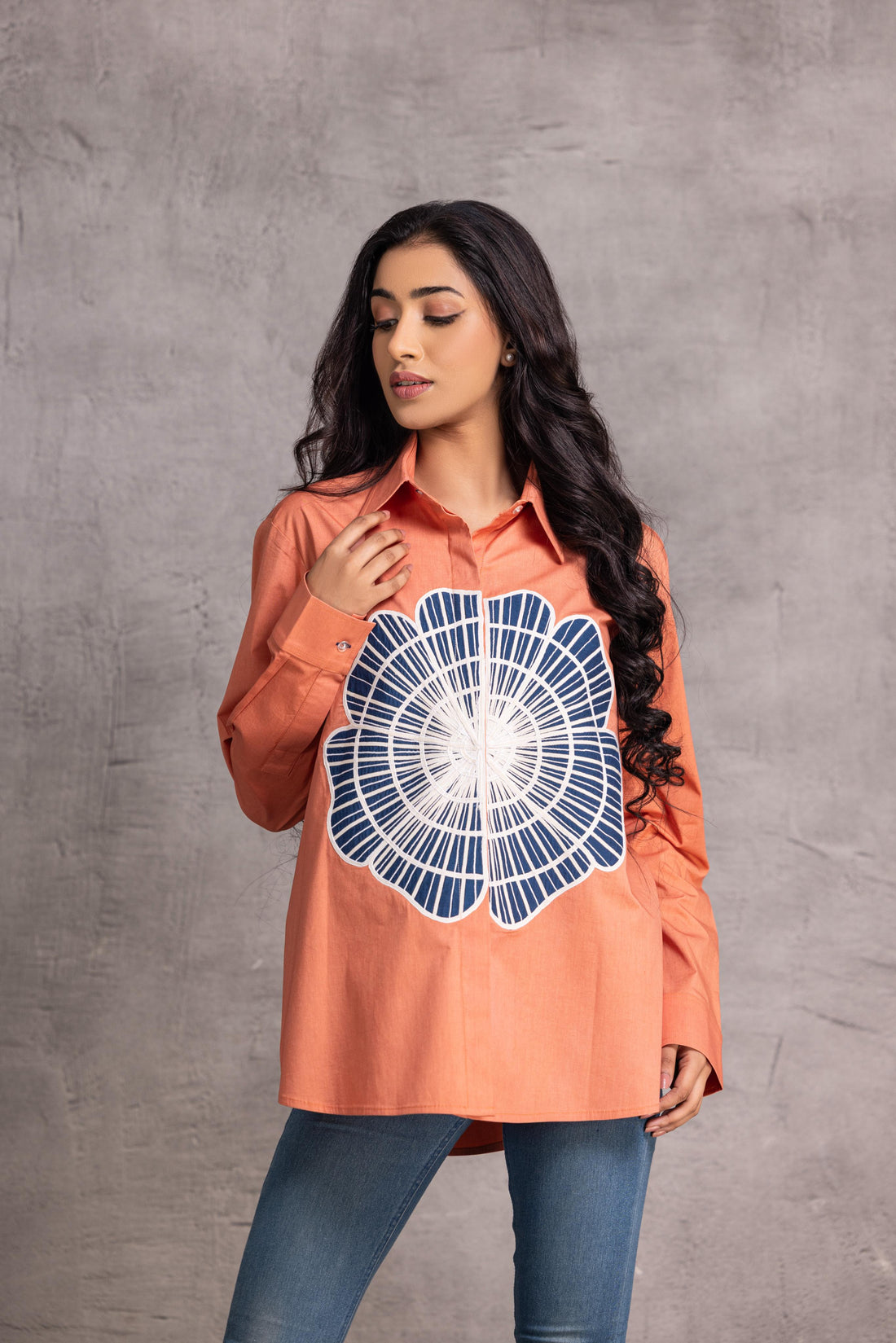 Orange Cotton comfort shirt with floral patchwork and tape detailing for a modern look.