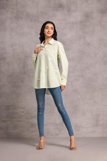 Green Cotton stripe fabric featuring a floral patchwork motif, enhanced with delicate pearl work.