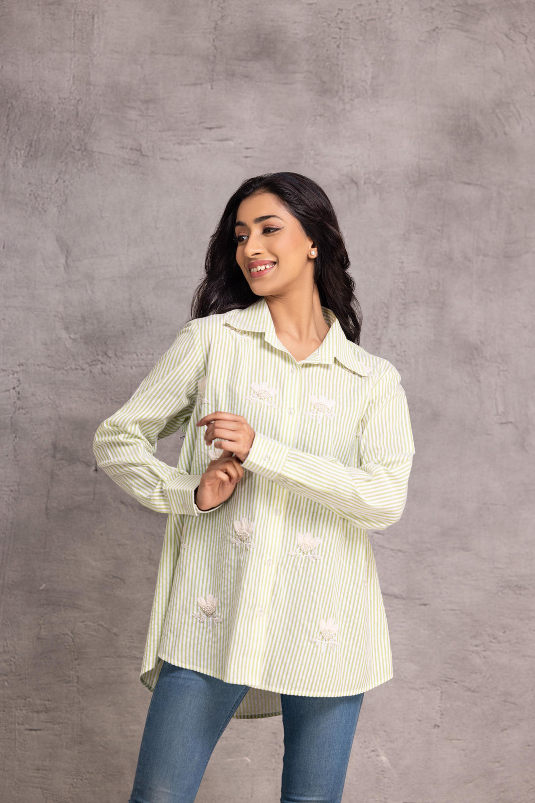 Green Cotton stripe fabric featuring a floral patchwork motif, enhanced with delicate pearl work.
