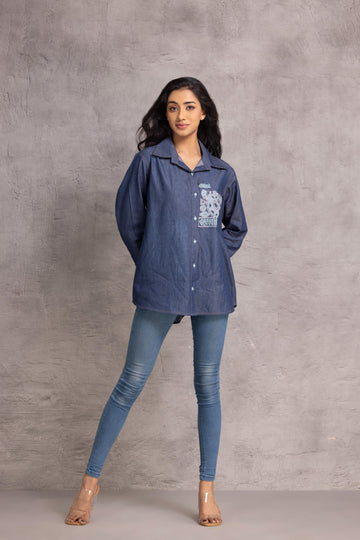 Denim  featuring a patchwork motif enhanced with chawal taka detailing.