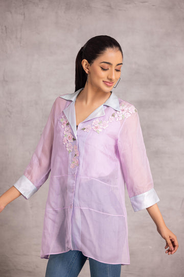 Purple Organza loose-fit shirt with a sheer finish and patchwork floral motifs, creating an elegant and joyful look