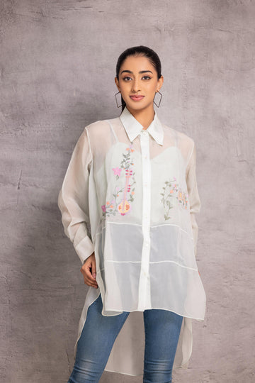 Green Organza loose-fit shirt with a sheer finish and patchwork floral motifs, creating an elegant and joyful look