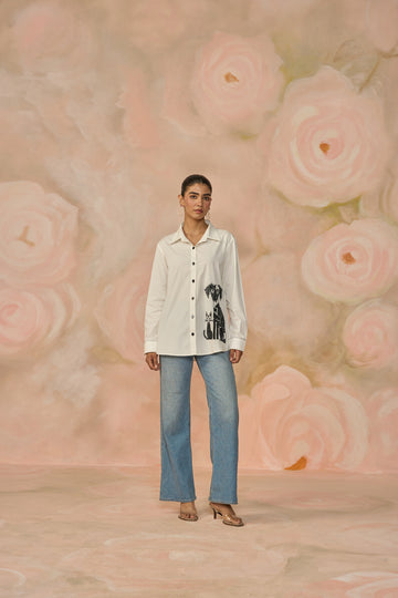 White Cotton comfort-fit shirt enhanced with a cat motif featuring sequin and thread work.