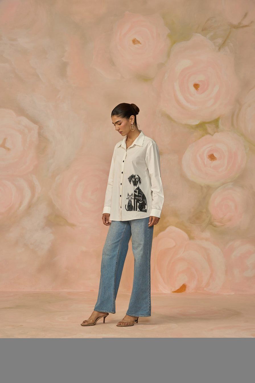 White Cotton comfort-fit shirt enhanced with a cat motif featuring sequin and thread work.