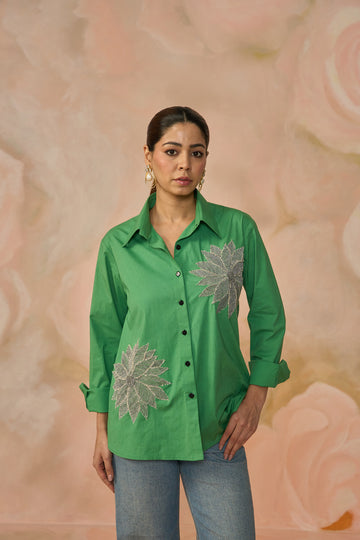 Green Cotton comfort-fit shirt with  dori flower motif detailing.