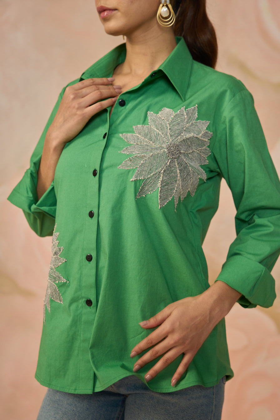 Green Cotton comfort-fit shirt with  dori flower motif detailing.