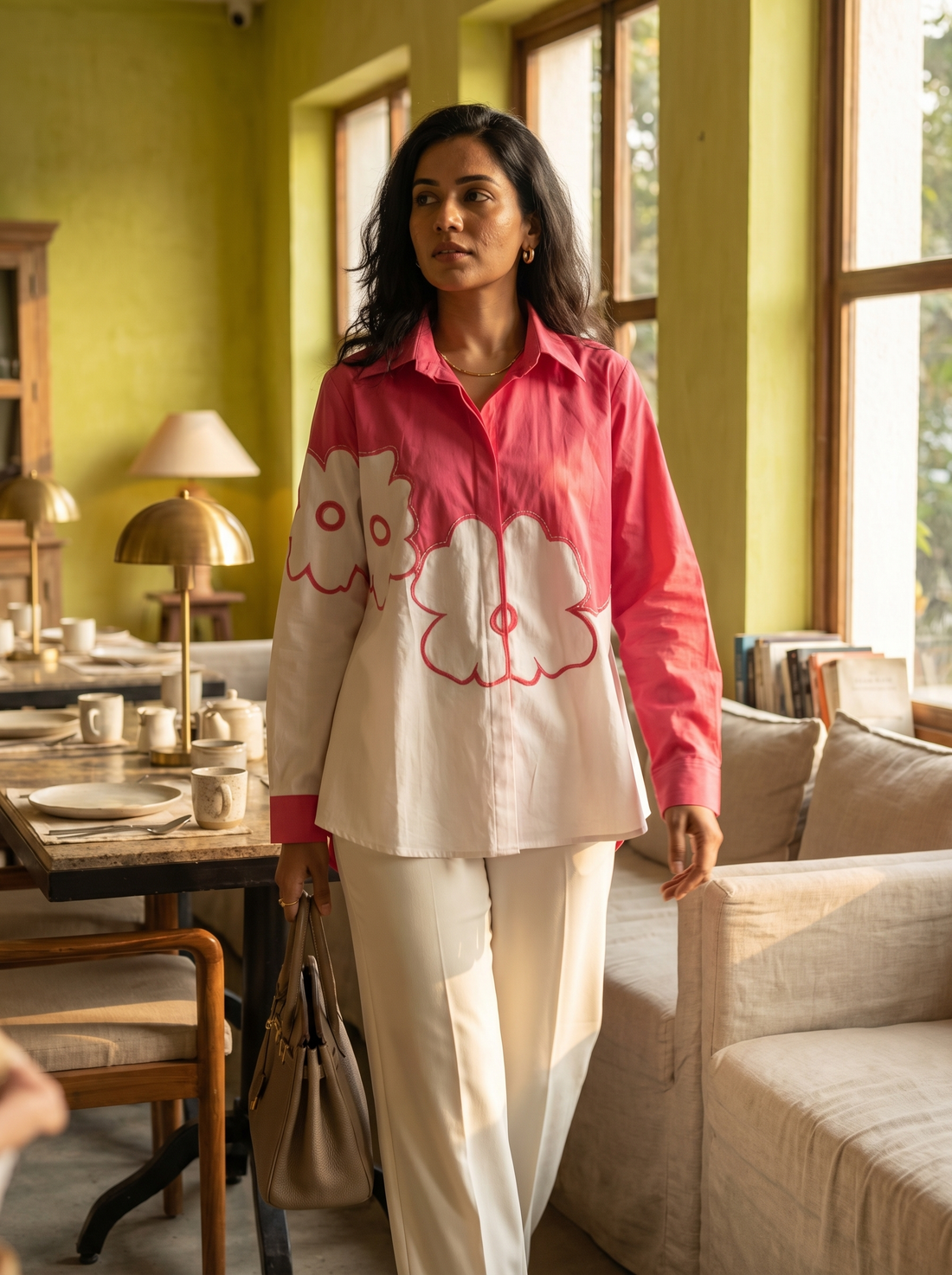Pink & White  cotton shirt with floral chawal taka detailing.