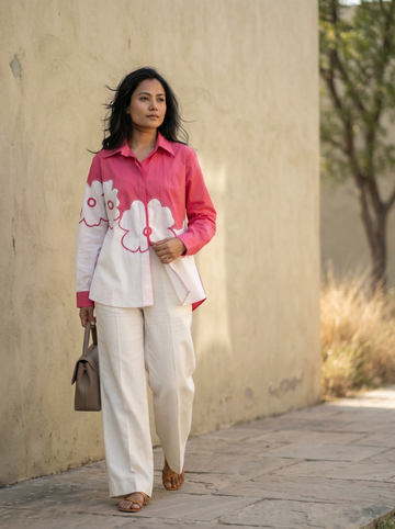 Pink & White  cotton shirt with floral chawal taka detailing.