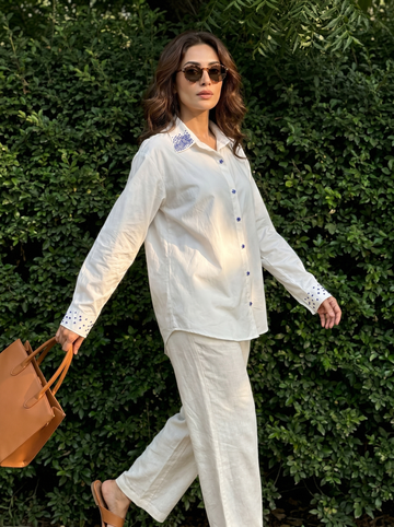White Cotton shirt with stone detailing on the collar and cuffs to enhance the overall look.