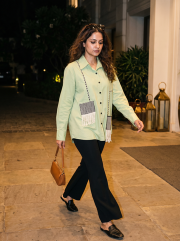 Green  cotton shirt featuring curved tape-work detailing for a modern, stylish look with all-day comfort.