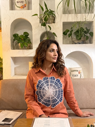 Orange Cotton comfort shirt with floral patchwork and tape detailing for a modern look.