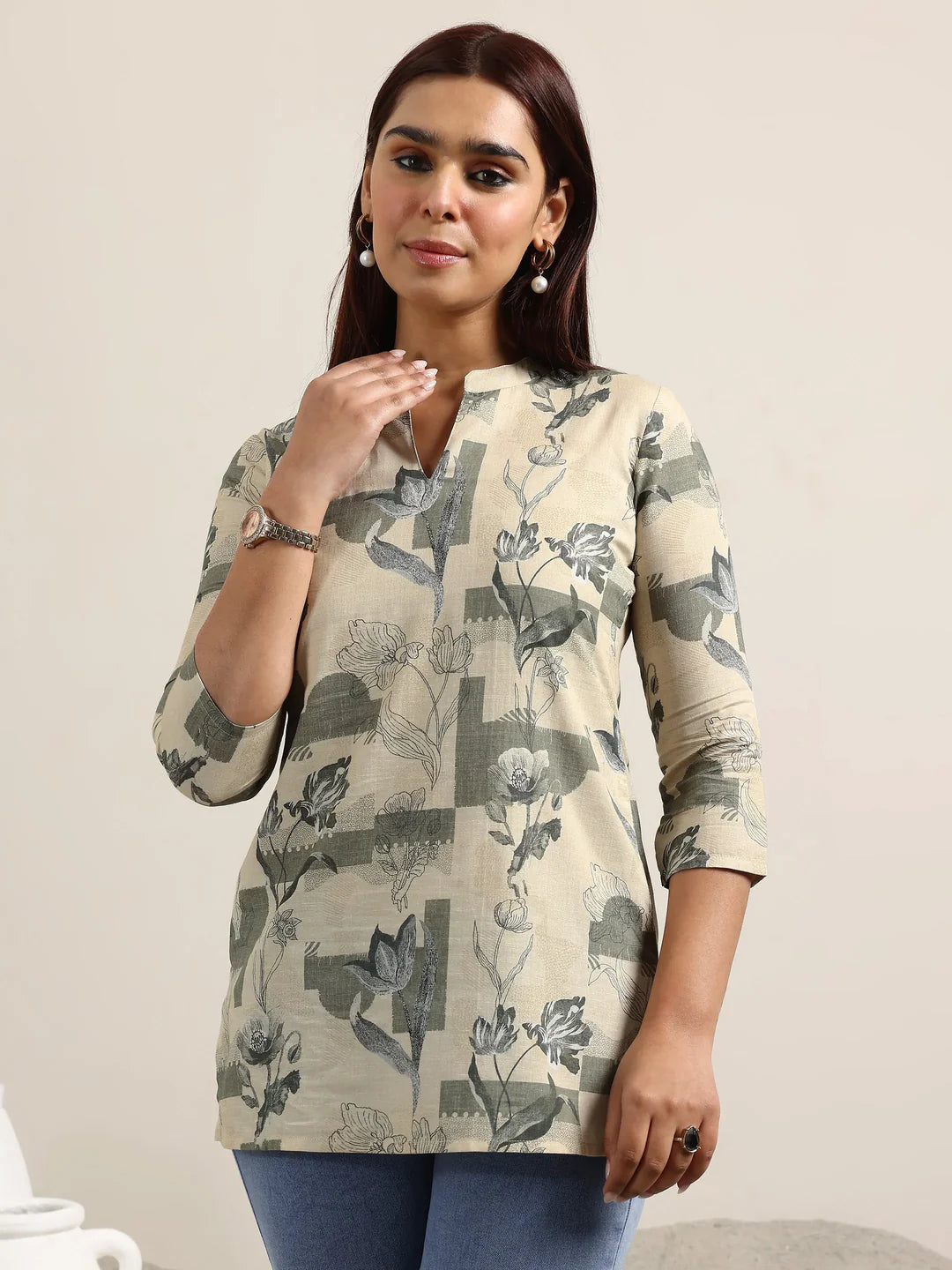 Pink Printed Cotton Straight Short Kurti